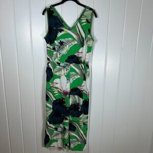 Carolina Belle‎ Jumpsuit Size 8 Green Tropical Floral Crop Wide Leg Tie Waist